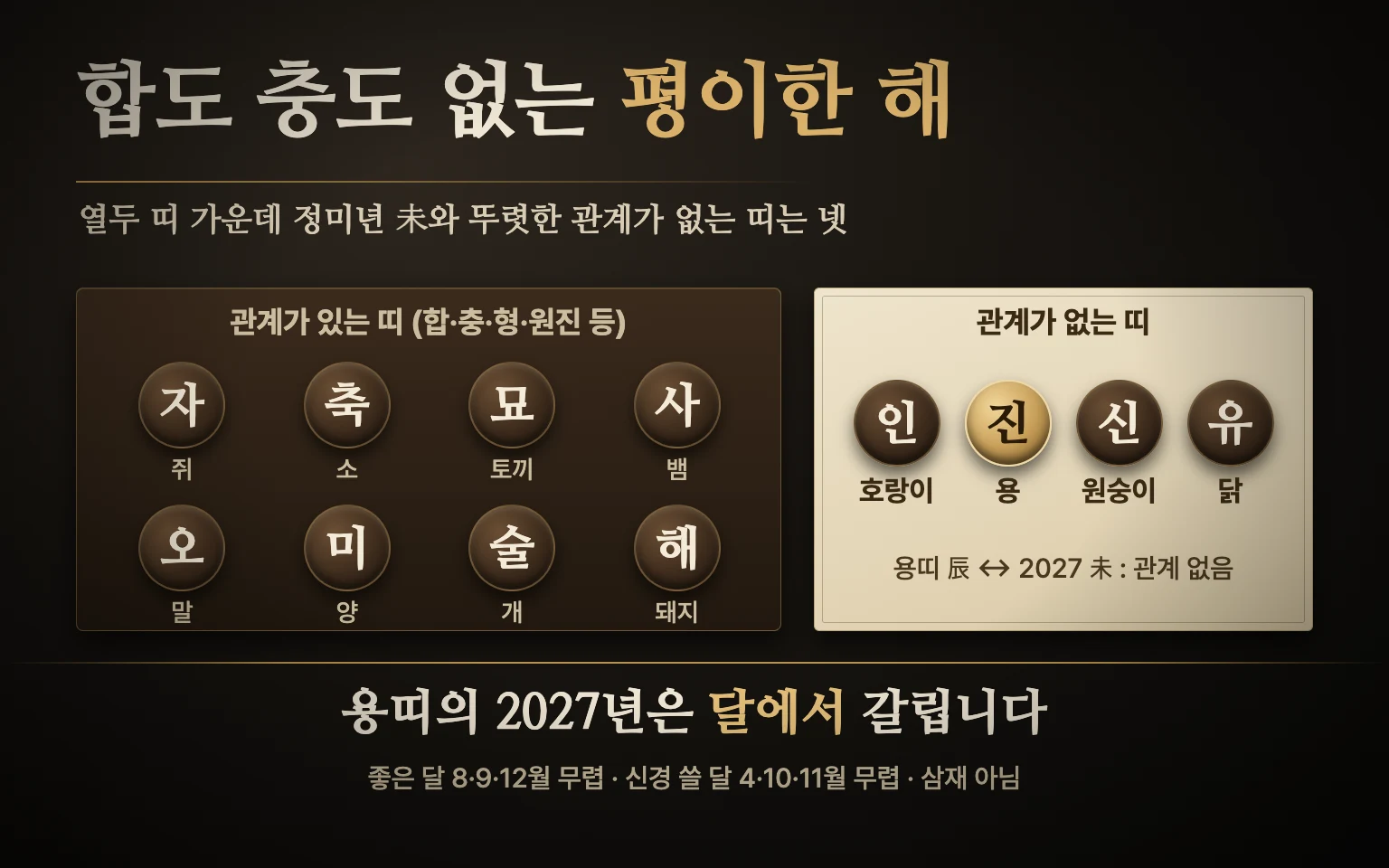 열두 띠 글자를 정미년과의 관계별로 묶어 놓고, 관계가 없는 인·진·신·유 네 글자 가운데 용띠의 辰을 금색으로 강조한 비교 도식