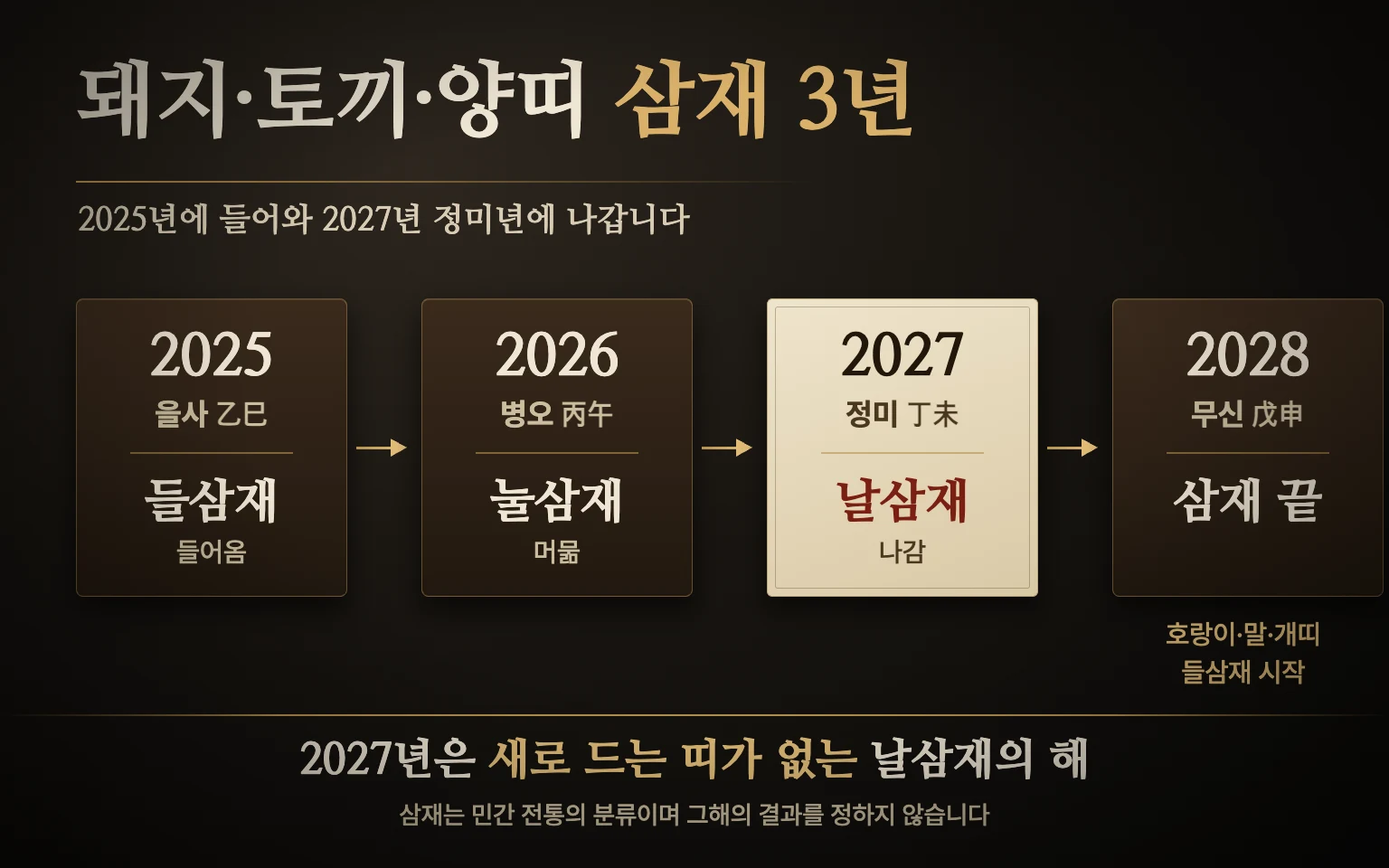 2025년 을사 들삼재, 2026년 병오 눌삼재, 2027년 정미 날삼재가 차례로 이어지고 2028년 무신에서 돼지·토끼·양띠의 삼재가 끝나며 호랑이·말·개띠의 들삼재가 시작되는 흐름 도식