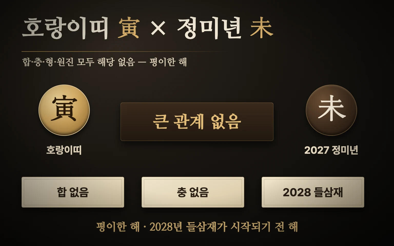 호랑이띠 인과 정미년 미 사이에 합 충 형 원진이 모두 해당 없고 2028년 들삼재가 예고된다고 정리한 관계 도식