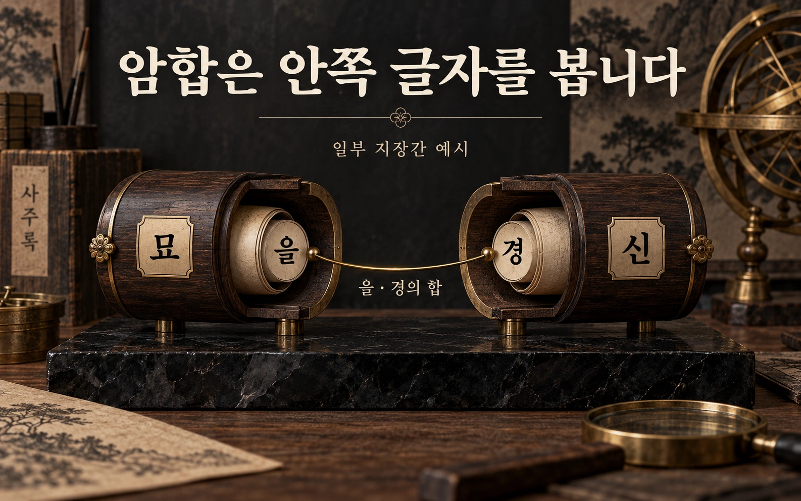 묘 속 을과 신 속 경을 연결해 암합의 숨은 천간 대조를 보여주는 그림