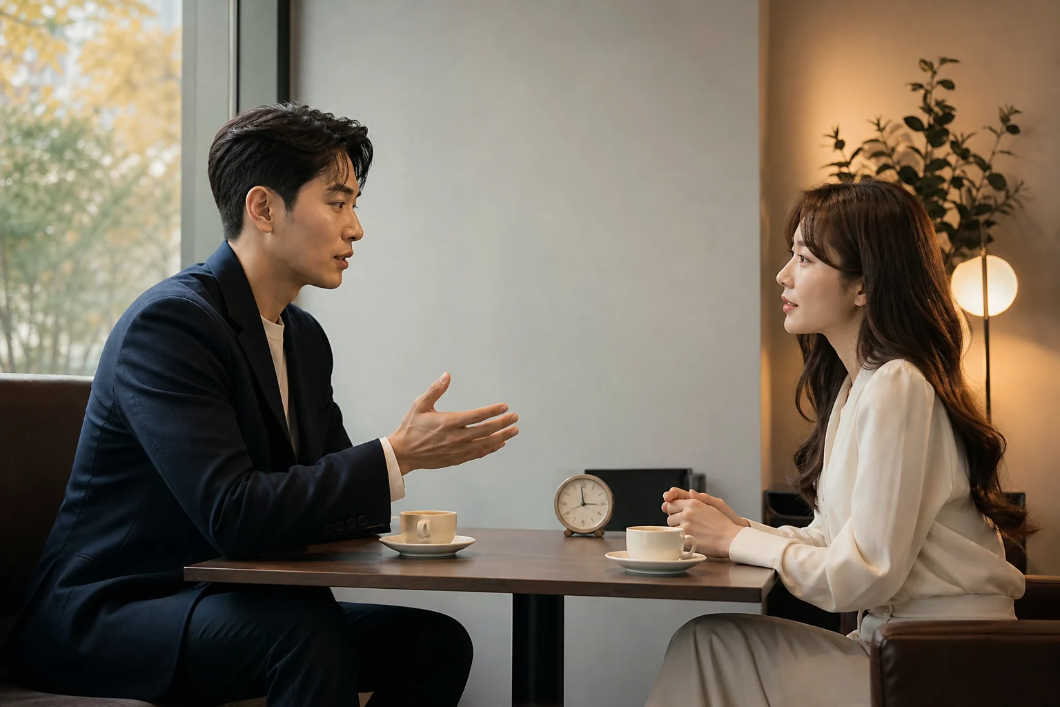 정해진 시간에 다시 마주 앉아 차분하게 대화를 재개하는 연인