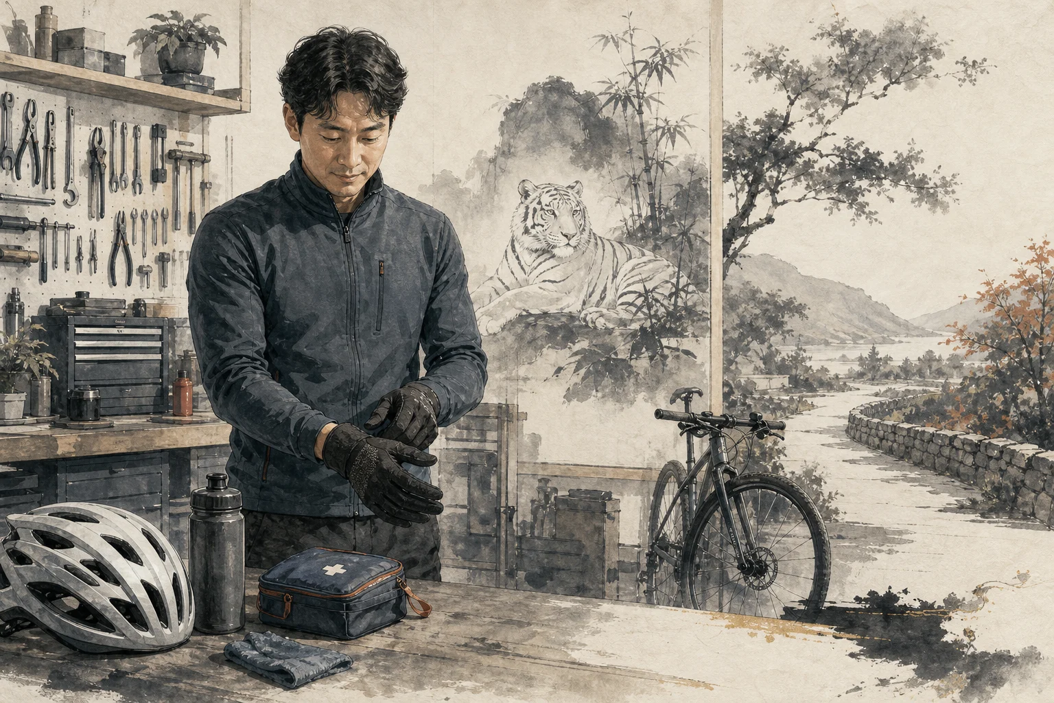작업 장갑과 헬멧과 정돈된 도구를 준비하며 강한 힘을 안전하게 사용하는 현실적 개운법 그림
