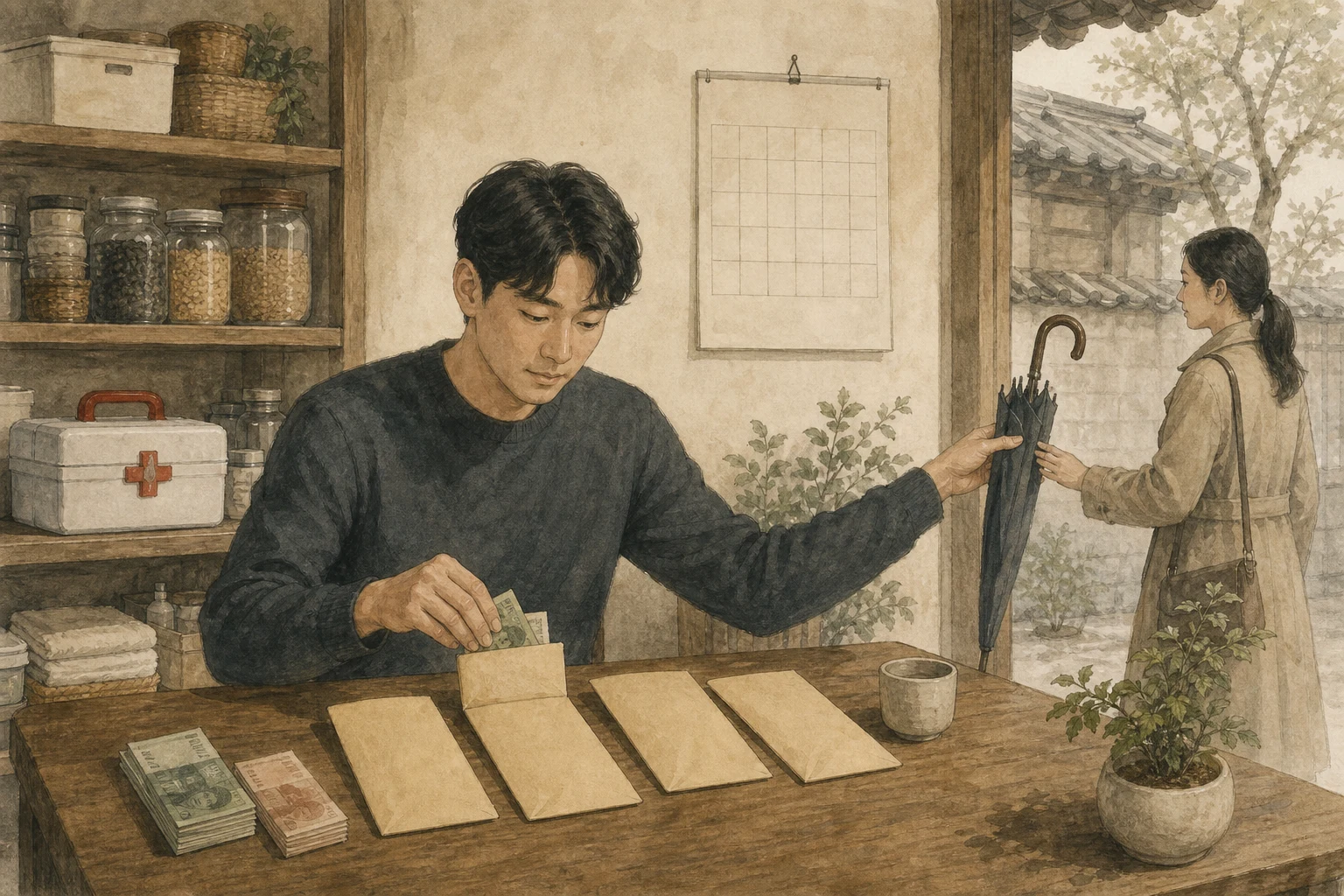 생활비와 비상금과 건강비를 나누고 이웃에게 우산을 건네는 복성귀인의 현실적인 활용 장면