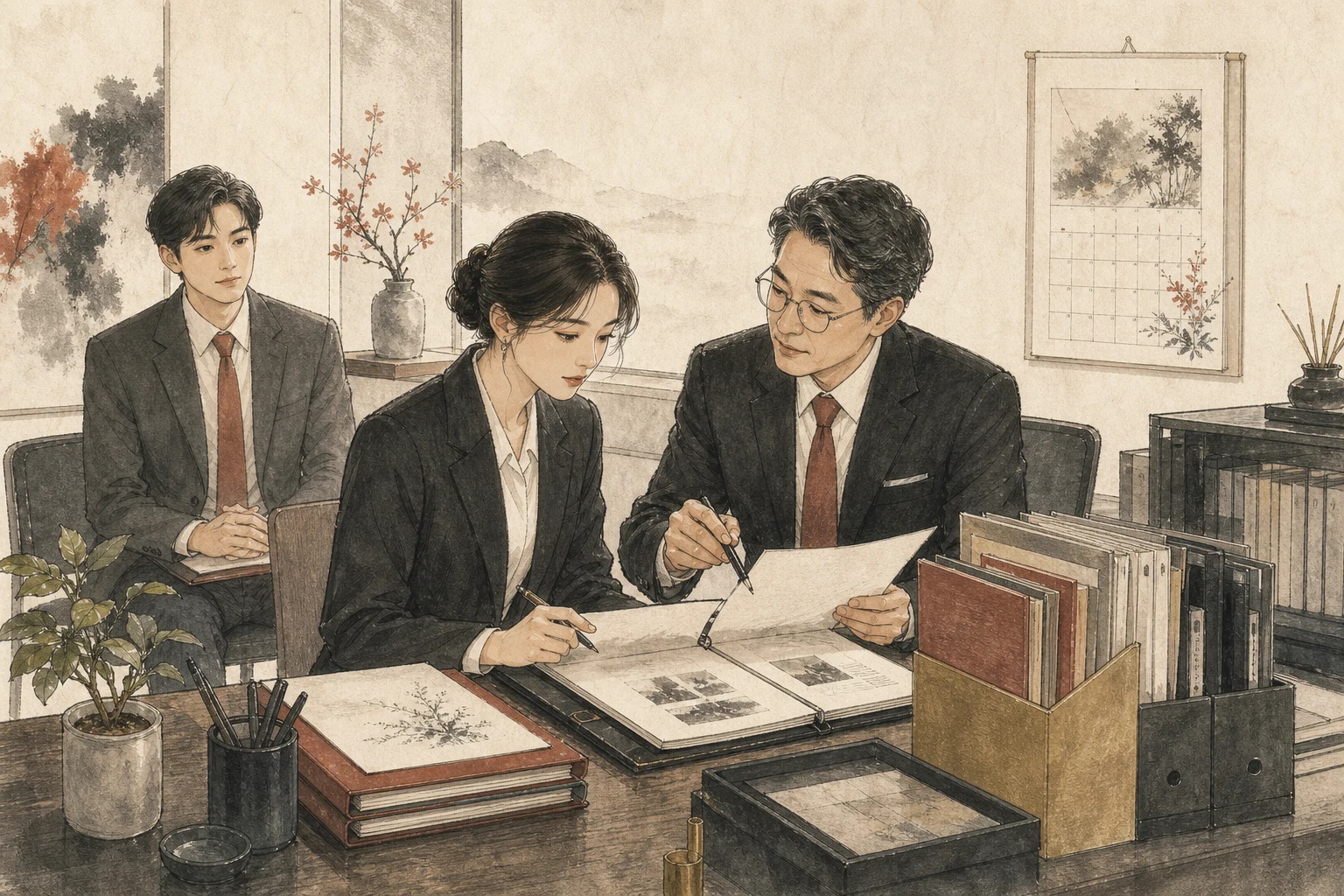 완료한 업무와 계약을 정리하고 선배와 검토하는 천복귀인의 현실적인 활용 장면
