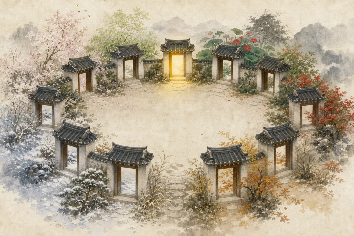 사계절의 절기 흐름과 여러 문을 통해 태어난 달의 월지를 먼저 확인하는 과정을 표현한 수묵화