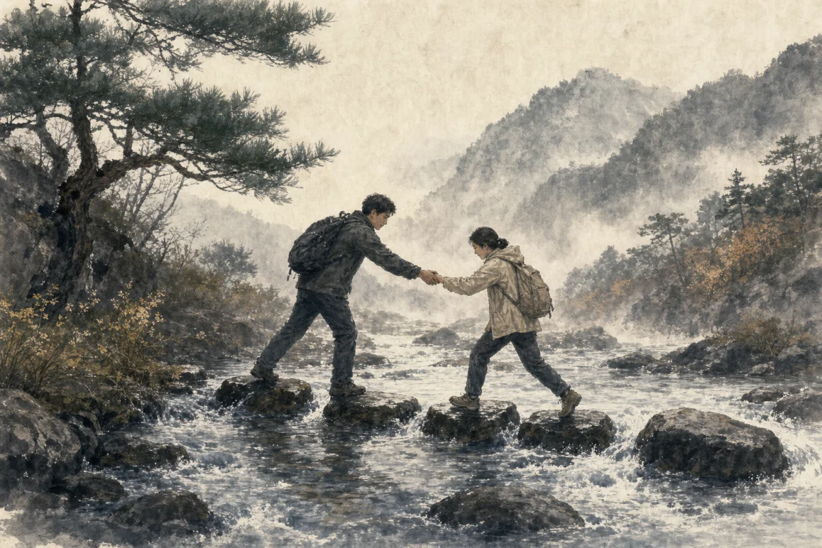 비 온 뒤 불어난 계곡을 건너며 서로 손을 내미는 두 사람으로 천덕귀인의 현실적인 도움을 표현한 수묵화