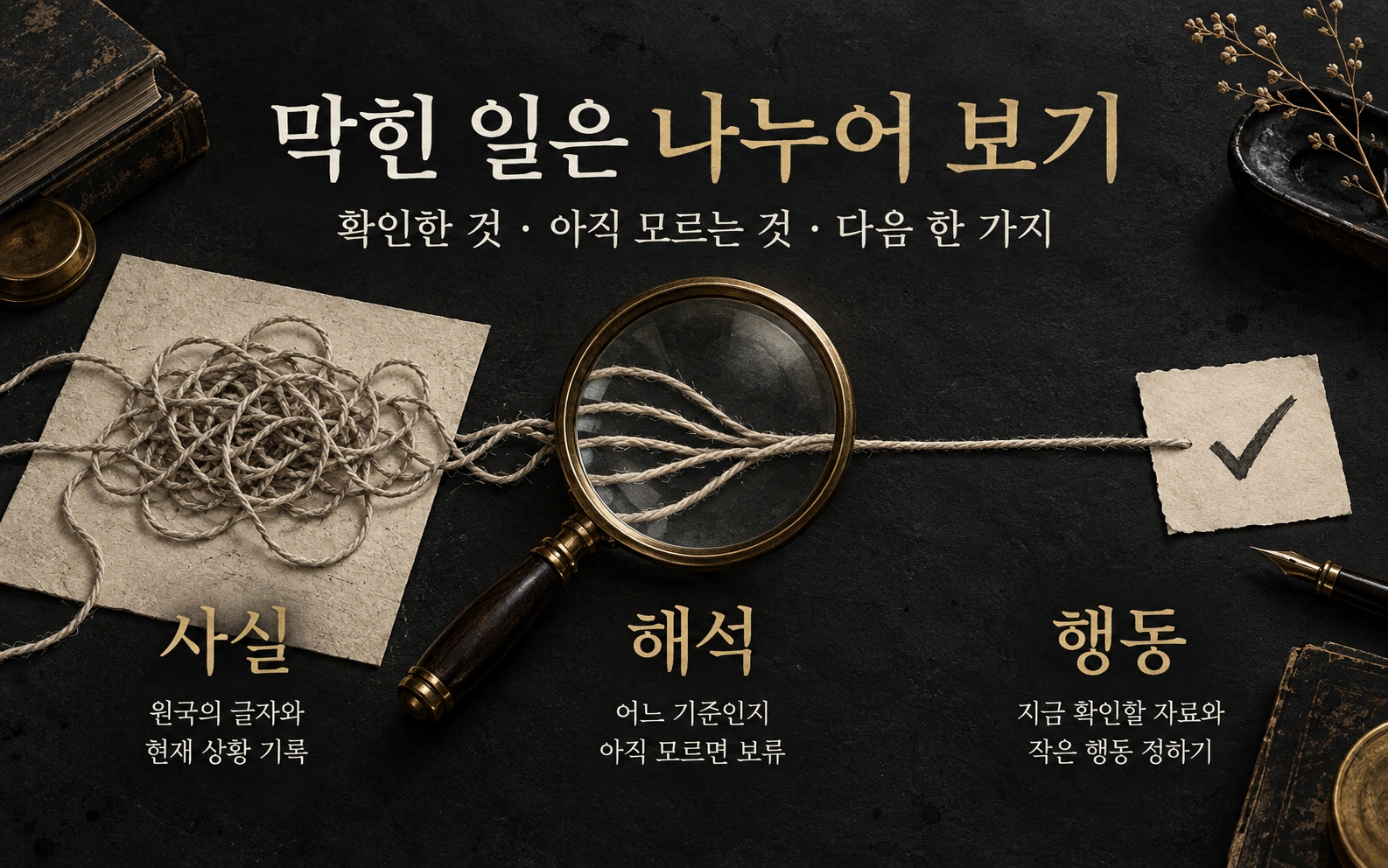 얽힌 실을 관찰하여 사실·해석·행동으로 구분하는 생활 점검 도식