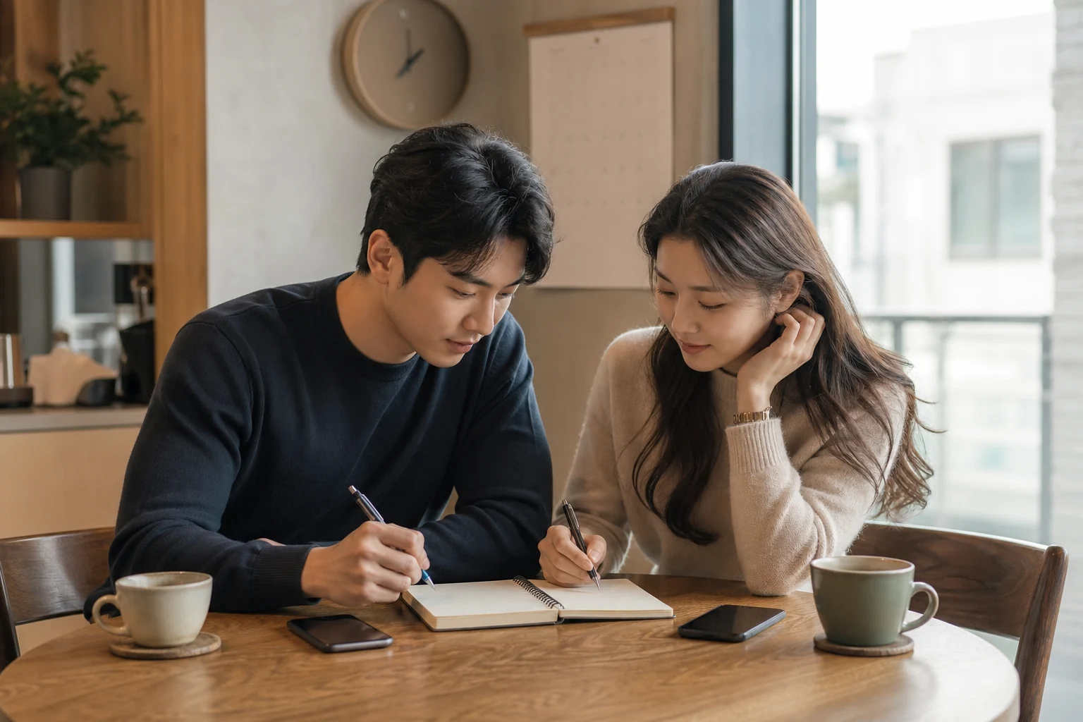 카페에서 일정과 연락 기준을 함께 적는 20대 한국인 커플