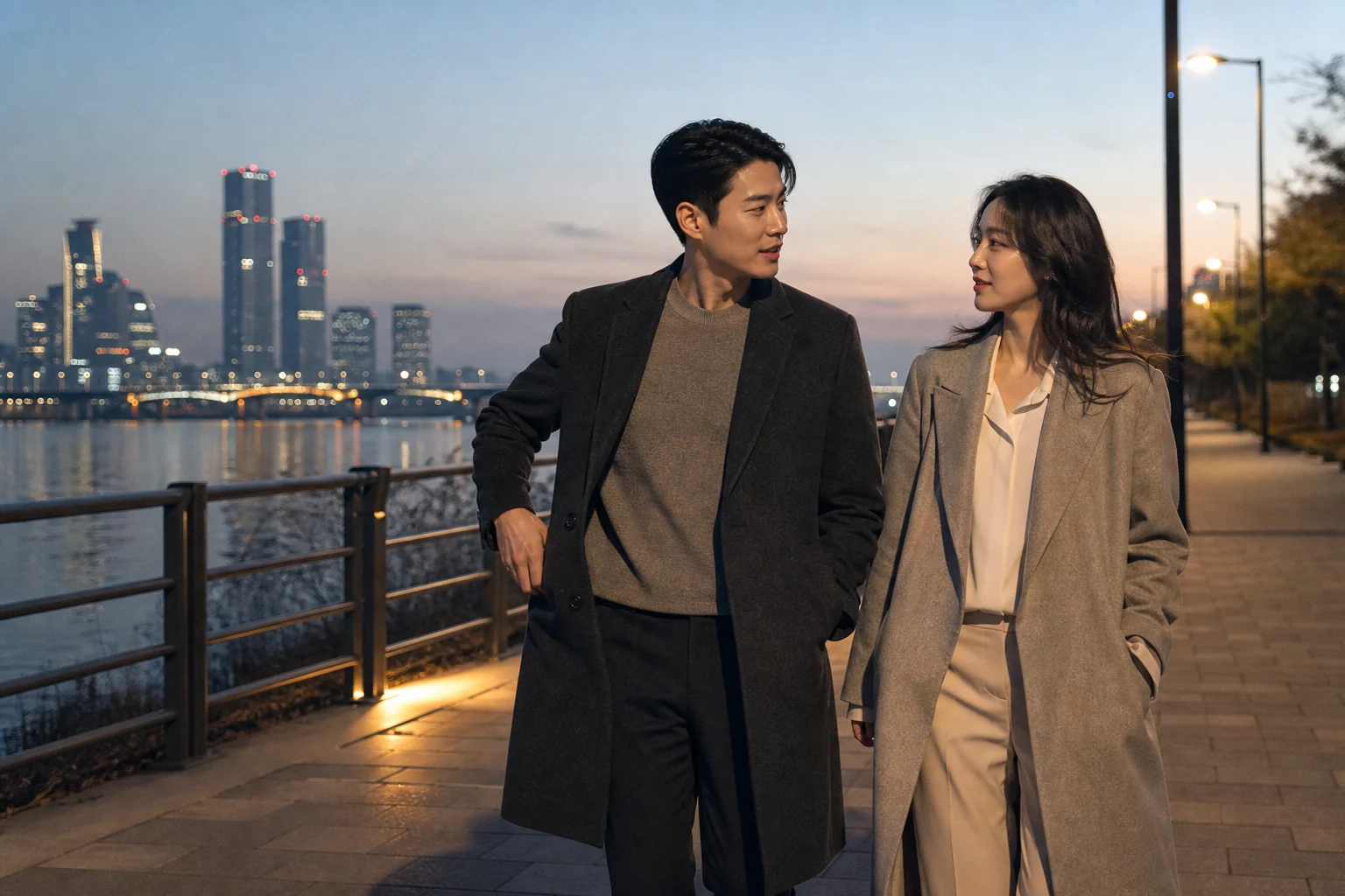 퇴근 후 한강변을 걸으며 차분히 대화하는 20대 한국인 커플