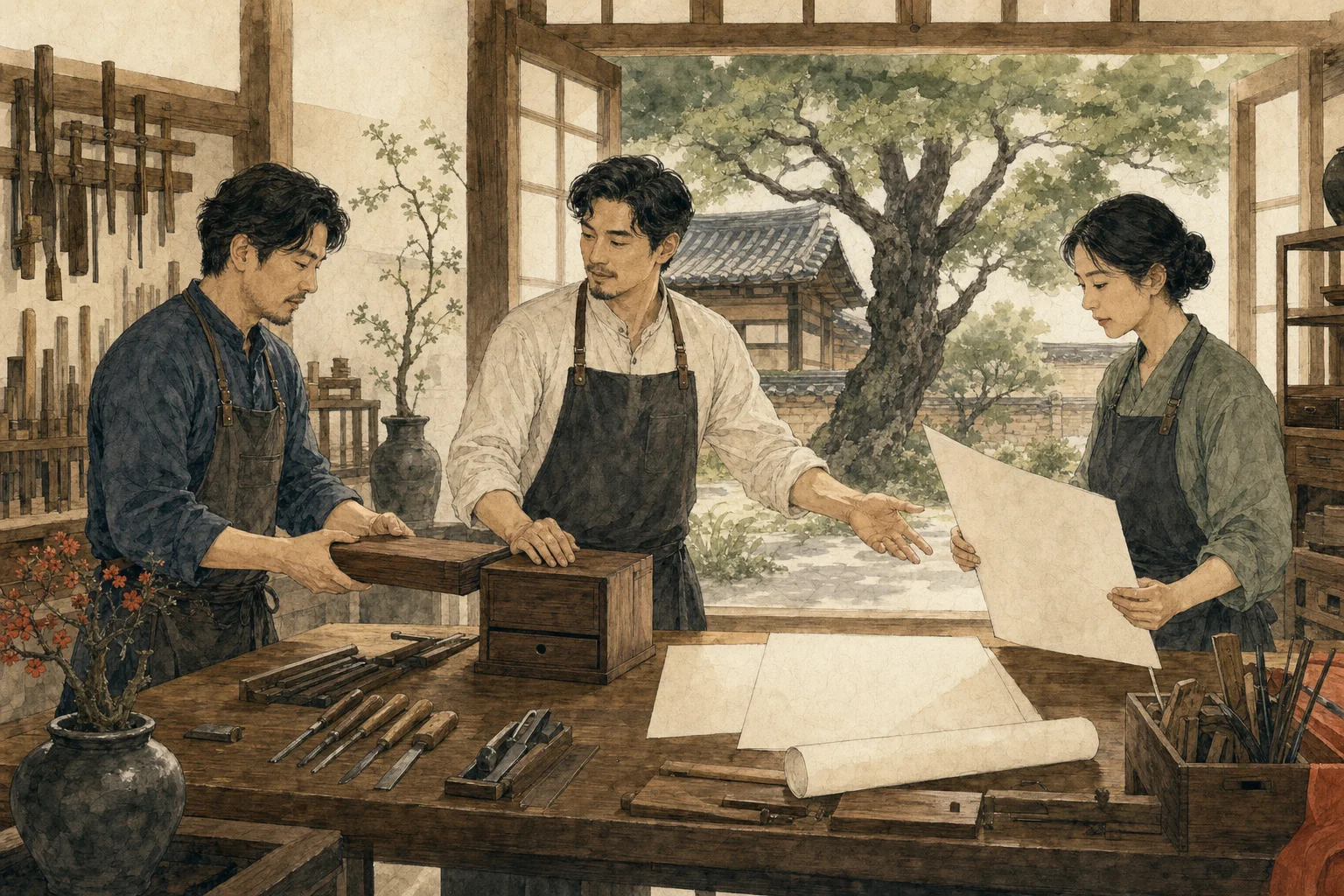 숙련된 장인이 동료들과 도구와 역할을 나누며 자립과 협업의 균형을 만드는 공방을 표현한 수묵화
