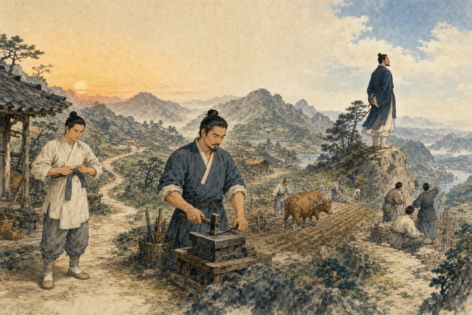 옷을 갖추는 준비 단계와 숙련된 장인의 실무 단계 그리고 높은 곳에서 전체를 보는 정점 단계를 표현한 수묵화