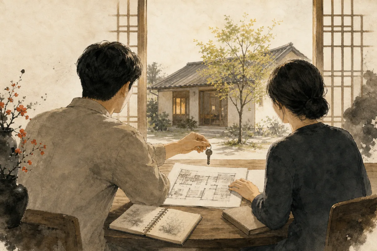 두 사람이 집과 생활 계획을 함께 세우며 열쇠를 건네는 금여록의 현대적 지원 관계 이미지