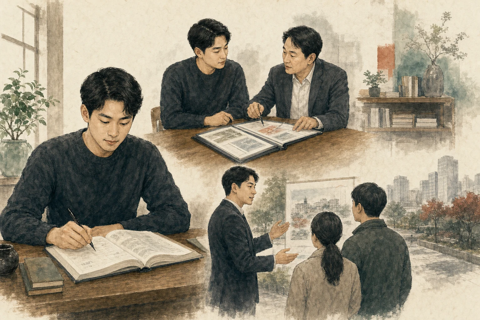 공부 계획과 포트폴리오 피드백을 거쳐 시민에게 전문 지식을 설명하는 관귀학관의 현대적 활용 장면