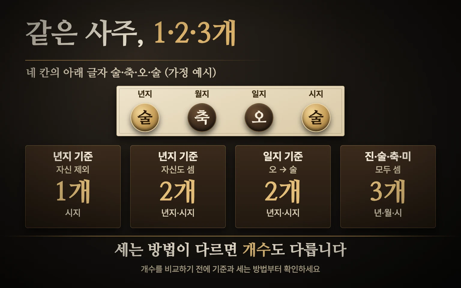 네 칸의 아래 글자 술·축·오·술을 두고 년지 기준 자신 제외 1개, 년지 기준 자신 포함 2개, 일지 기준 2개, 진·술·축·미를 모두 세면 3개로 나오는 네 갈래 비교 도식