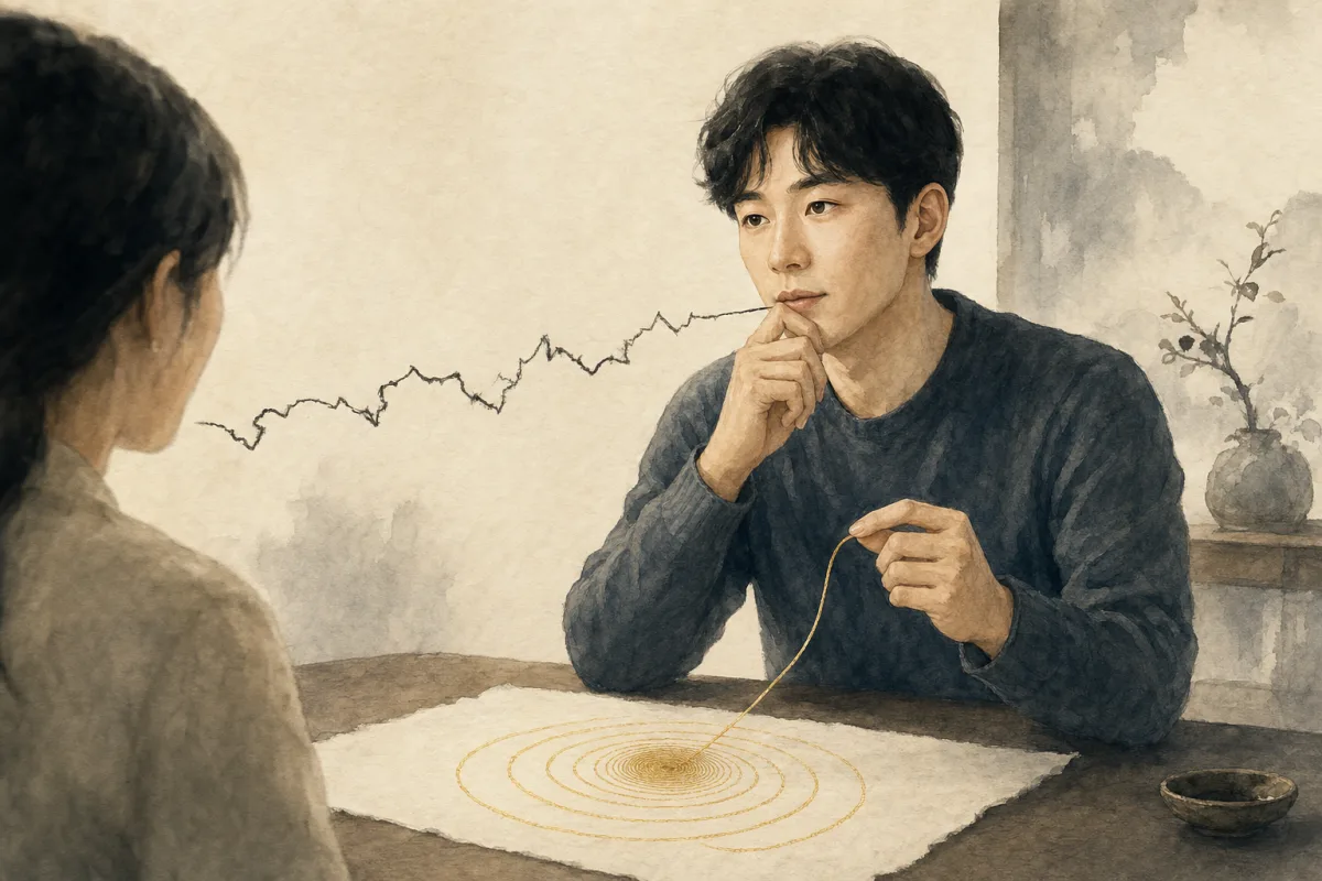 날카롭게 튀어나오려던 말을 잠시 멈추고 차분하고 정확한 표현으로 다듬는 모습