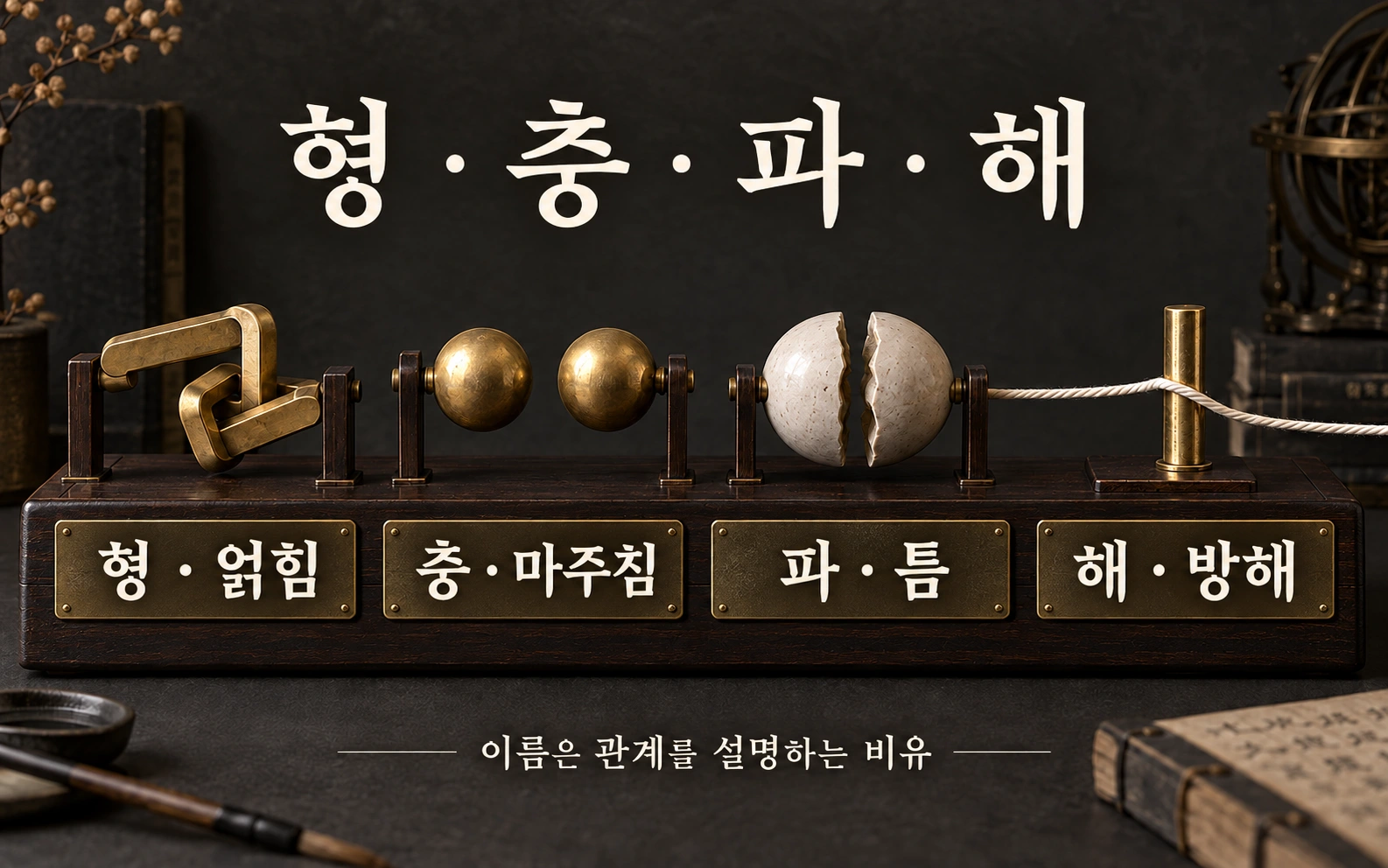 얽힌 이음, 마주한 추, 벌어진 틈, 막힌 실로 형충파해를 비유한 도식