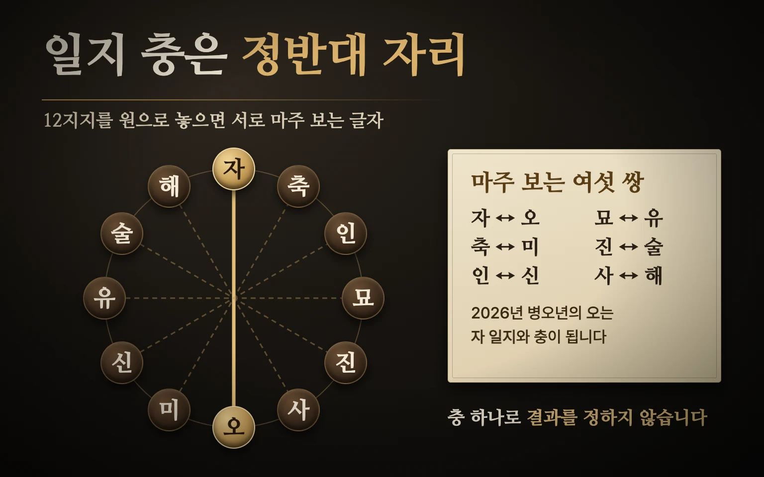 12지지를 원으로 배치하고 서로 마주 보는 여섯 쌍(자오·축미·인신·묘유·진술·사해)을 선으로 이은 육충 도식, 2026년 병오년의 오와 마주 보는 자 일지를 강조