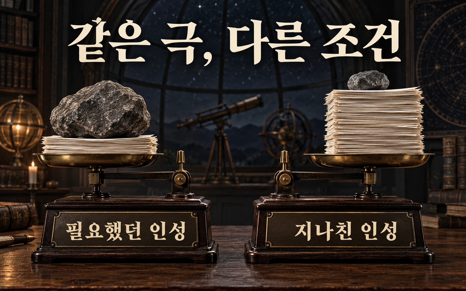 필요했던 인성과 지나친 인성을 다른 조건의 저울로 비교한 그림