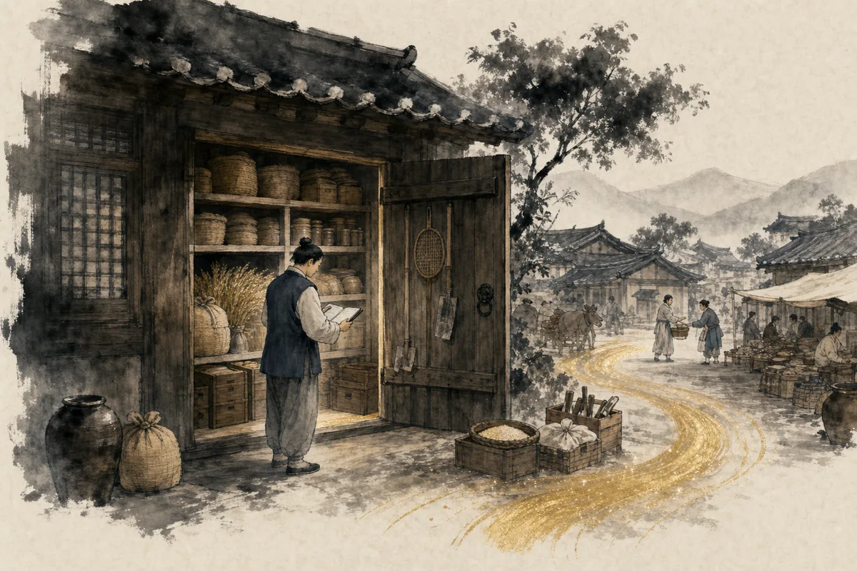 창고에 보관된 자원이 장부와 기준에 따라 생활과 시장으로 다시 순환하는 재성 입묘의 저장 이미지