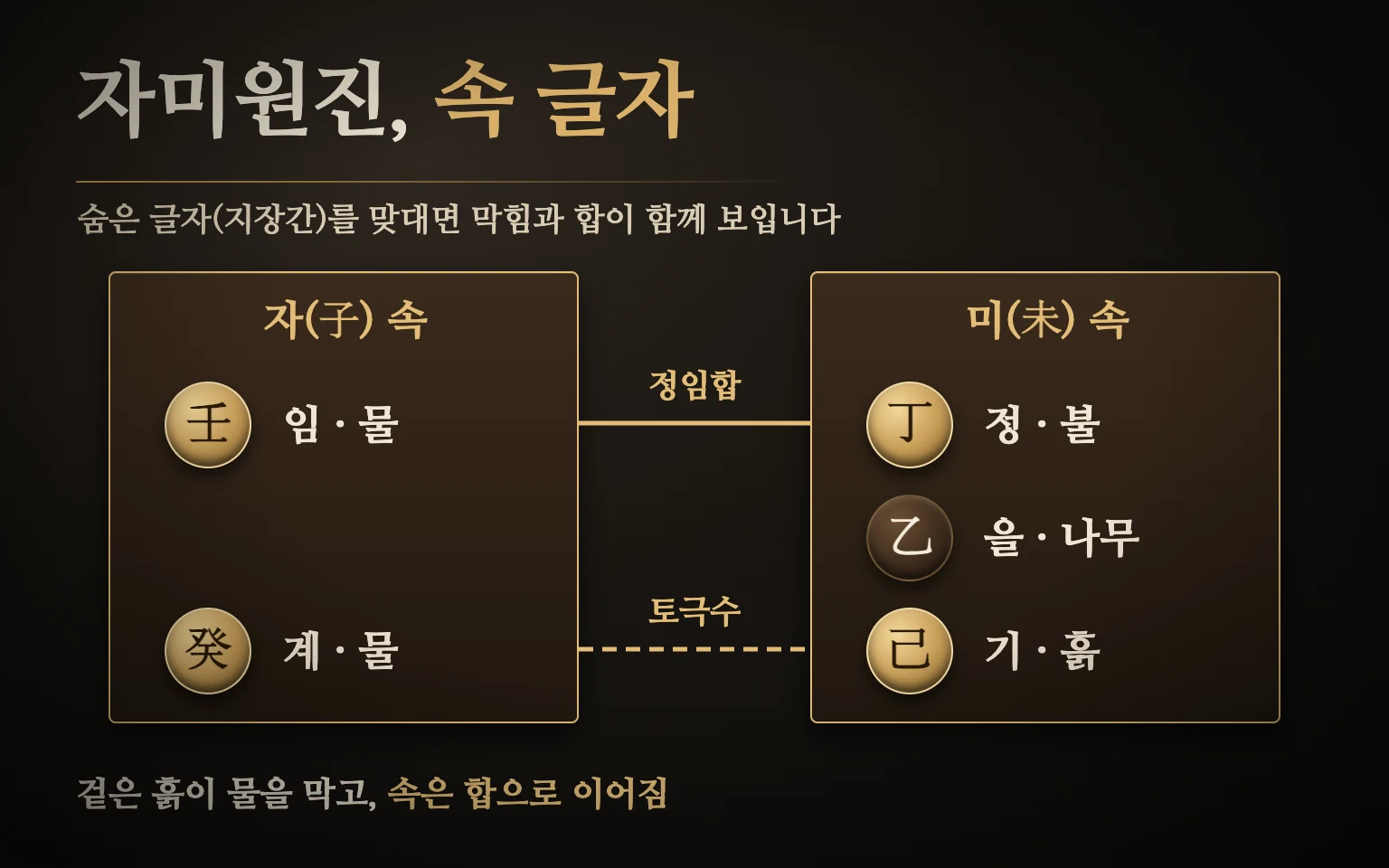 자미원진 속 글자 도식 — 자의 임·계와 미의 정·을·기를 맞대면 중심의 기토가 계수를 막고(토극수), 첫 글자 임수와 정화는 정임합으로 이어짐