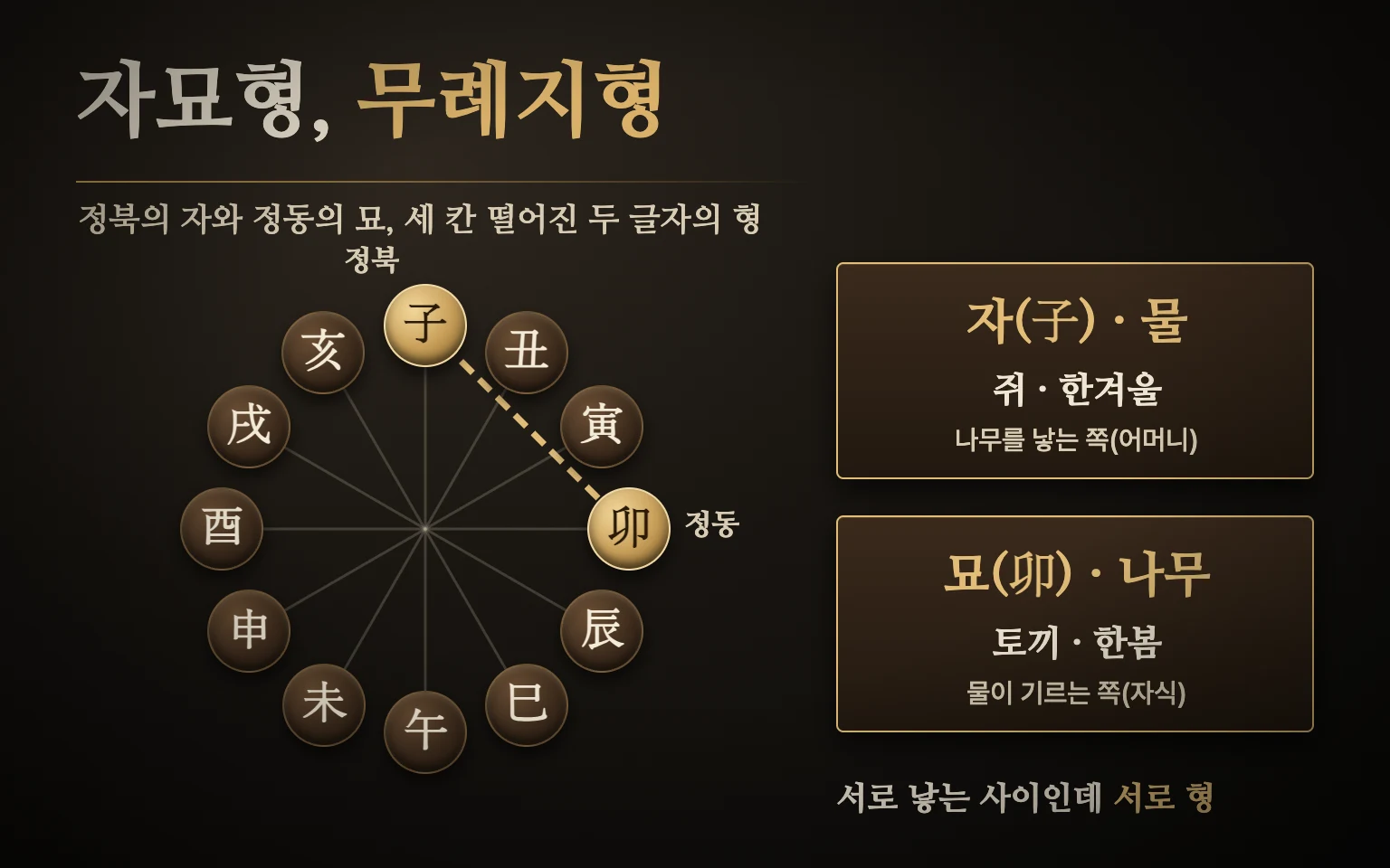 자묘형 관계 도식 — 열두 지지 원에서 정북의 자(한겨울 물)와 정동의 묘(한봄 나무)를 잇고, 물이 나무를 낳는 사이인데 서로 형해 무례지형이라 부름