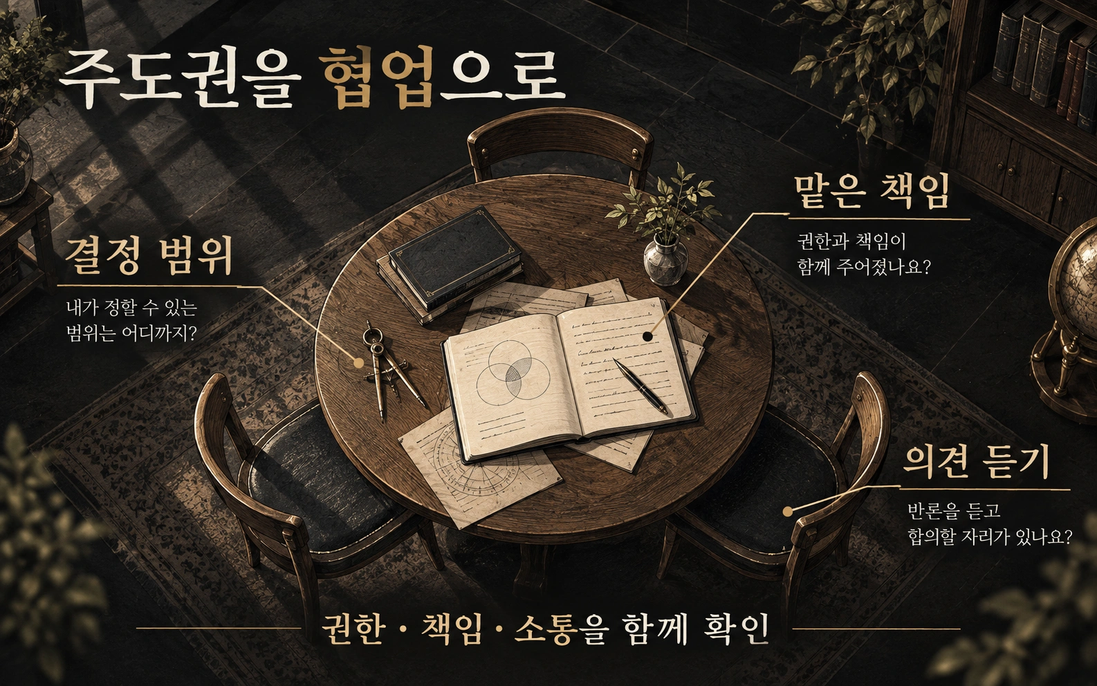 원탁의 권한·책임·소통을 보여주는 협업 일러스트