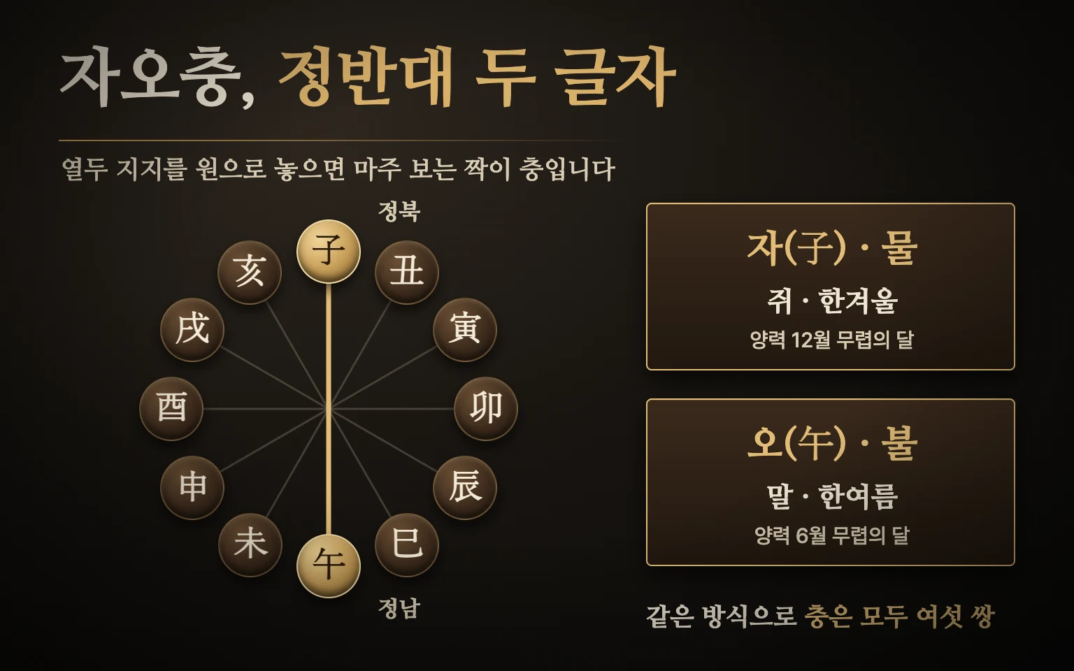자오충 관계 도식 — 열두 지지를 원으로 놓으면 정북의 자(물)와 정남의 오(불)가 정반대에서 마주 보고, 같은 방식으로 여섯 쌍의 충이 생김