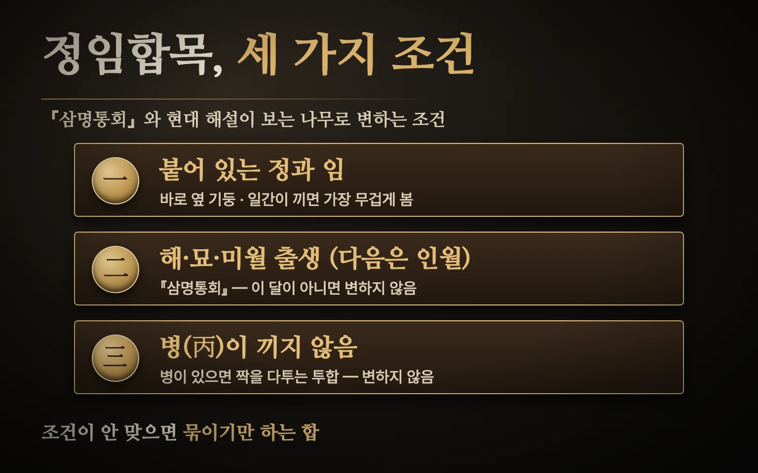 정임합목 조건 도식 — 정과 임이 붙어 있고, 태어난 달이 해·묘·미월(다음으로 인월)이며, 병이 끼지 않으면 목으로 변한다고 본 『삼명통회』의 세 단계