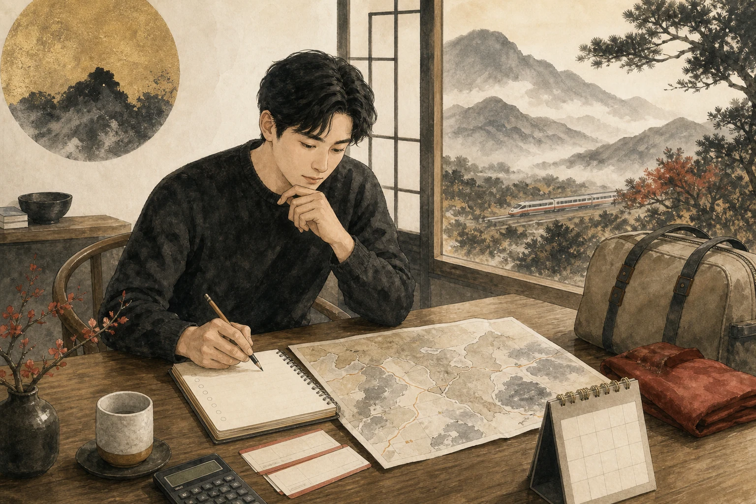 지도와 일정표와 가방을 앞에 두고 이동 목적과 비용을 차분히 점검하는 사람의 그림