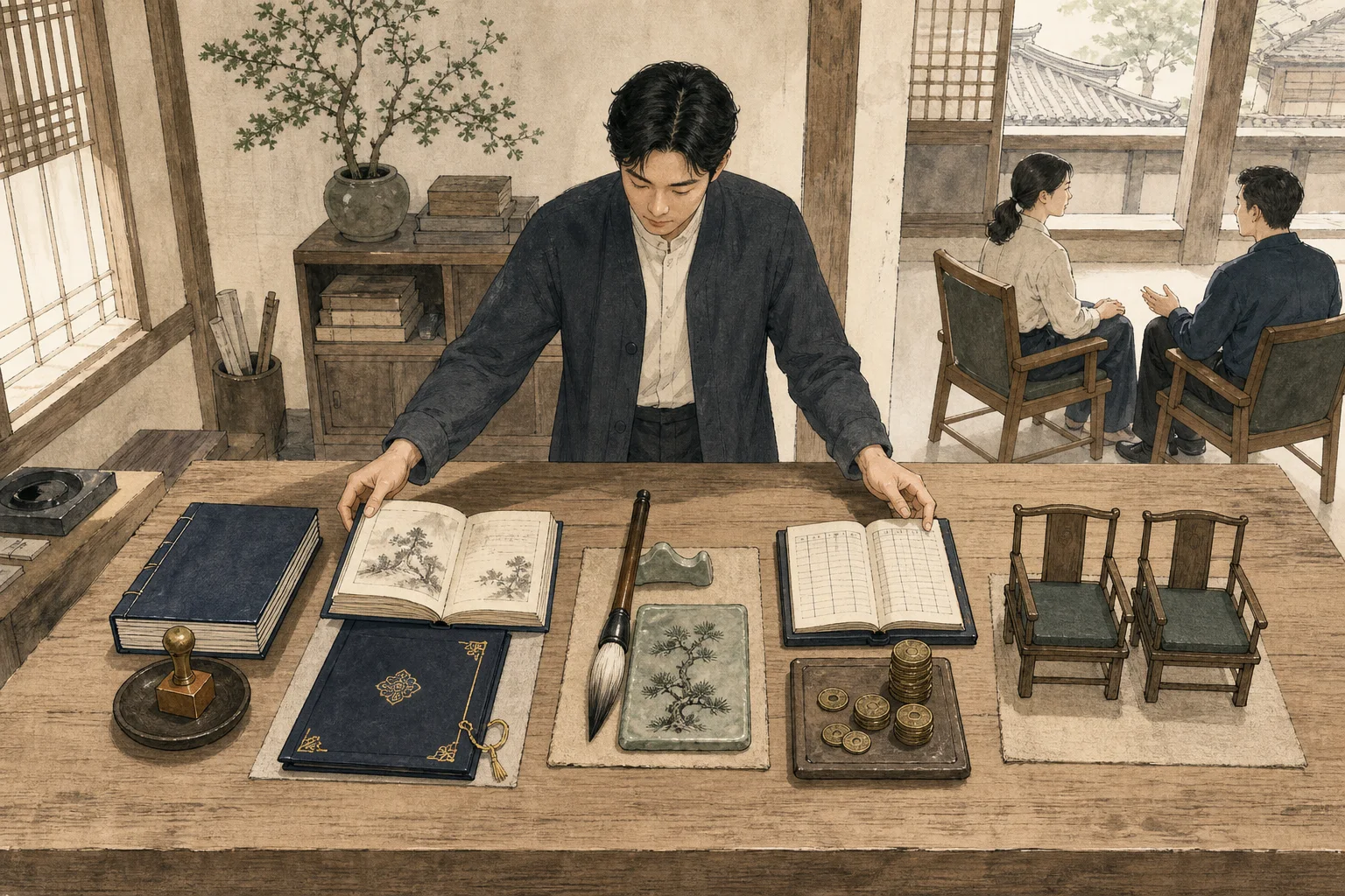 조직 규칙과 학습 자격, 기술 성과, 보상, 동료 관계를 상징하는 다섯 묶음을 한 작업대에서 비교하는 직장인 수묵화