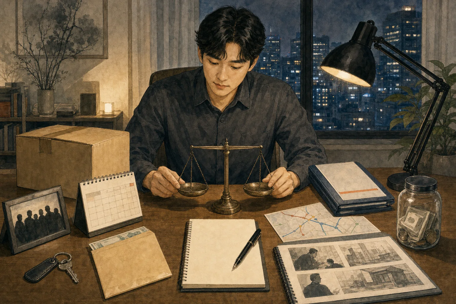현재 팀과 급여, 새 직장의 제안서와 통근, 비상 생활비를 저울에 놓고 퇴사 전에 비교하는 직장인 수묵화