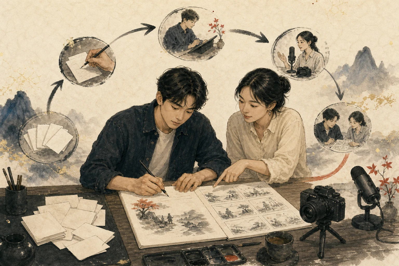 한 사람이 메모를 원고와 발표와 영상으로 발전시키고 피드백을 받아 고치는 문곡귀인 훈련 그림