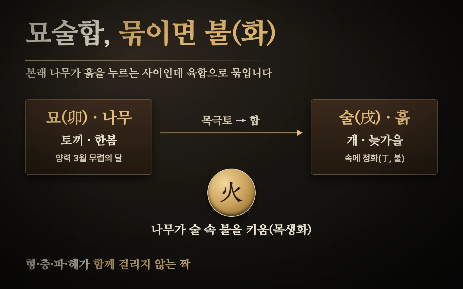 묘술합 관계 도식 — 봄의 나무 묘(토끼)와 늦가을의 흙 술(개)이 묶이고, 술 속 정화를 묘의 나무가 키워 불(화)의 기운을 띤다고 보는 흐름