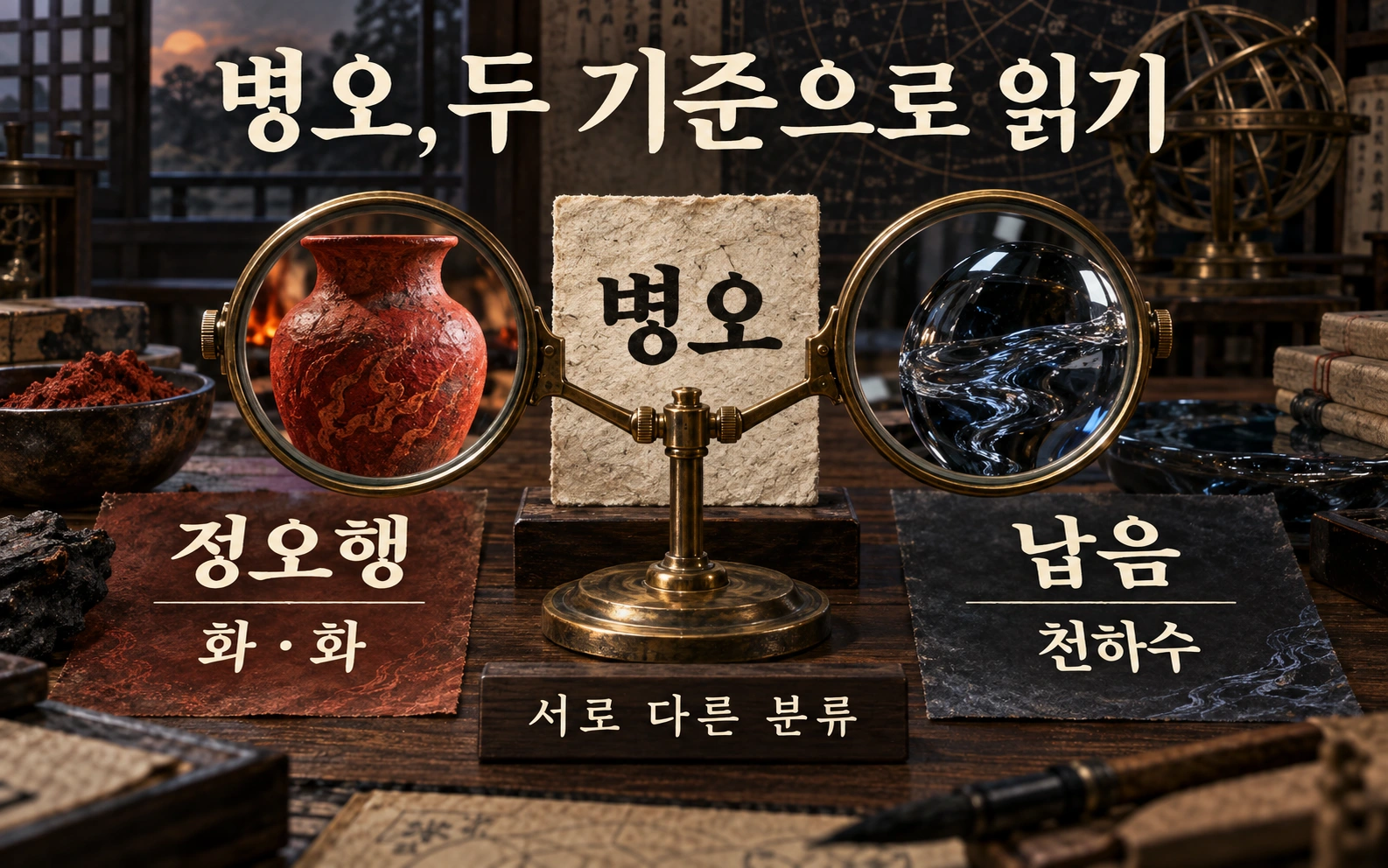 병오를 정오행의 화·화와 납음의 천하수로 나누어 읽는 그림