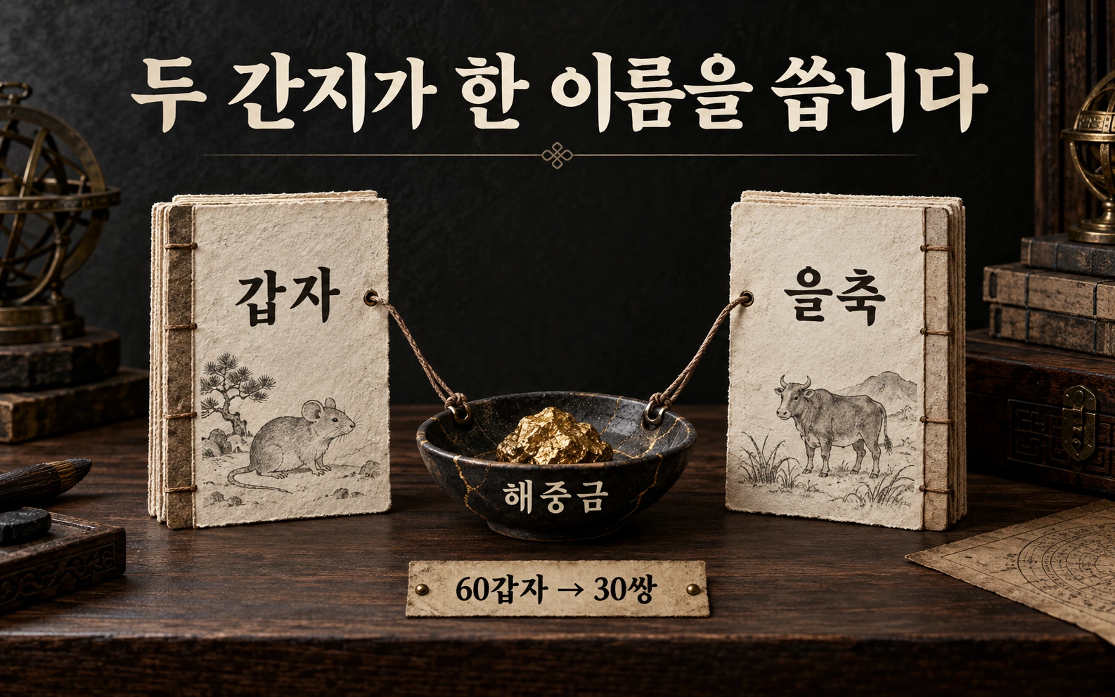 갑자와 을축 두 간지가 해중금 하나에 대응되는 모습