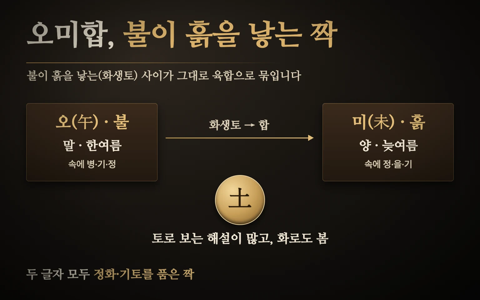 오미합 관계 도식 — 한여름의 불 오(말)가 늦여름의 흙 미(양)를 낳는 화생토 사이로 묶이고, 두 글자가 지장간 정화·기토를 함께 품은 구조