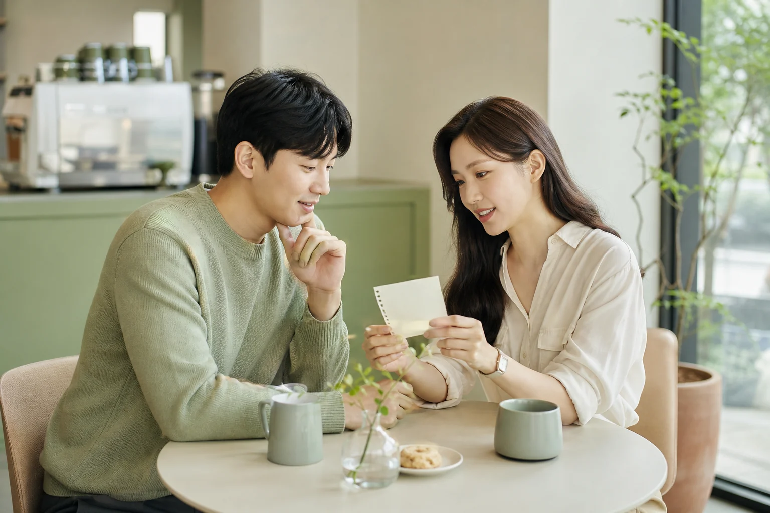조용한 카페에서 감정 메모를 보며 차분하게 대화하는 20대 한국인 커플