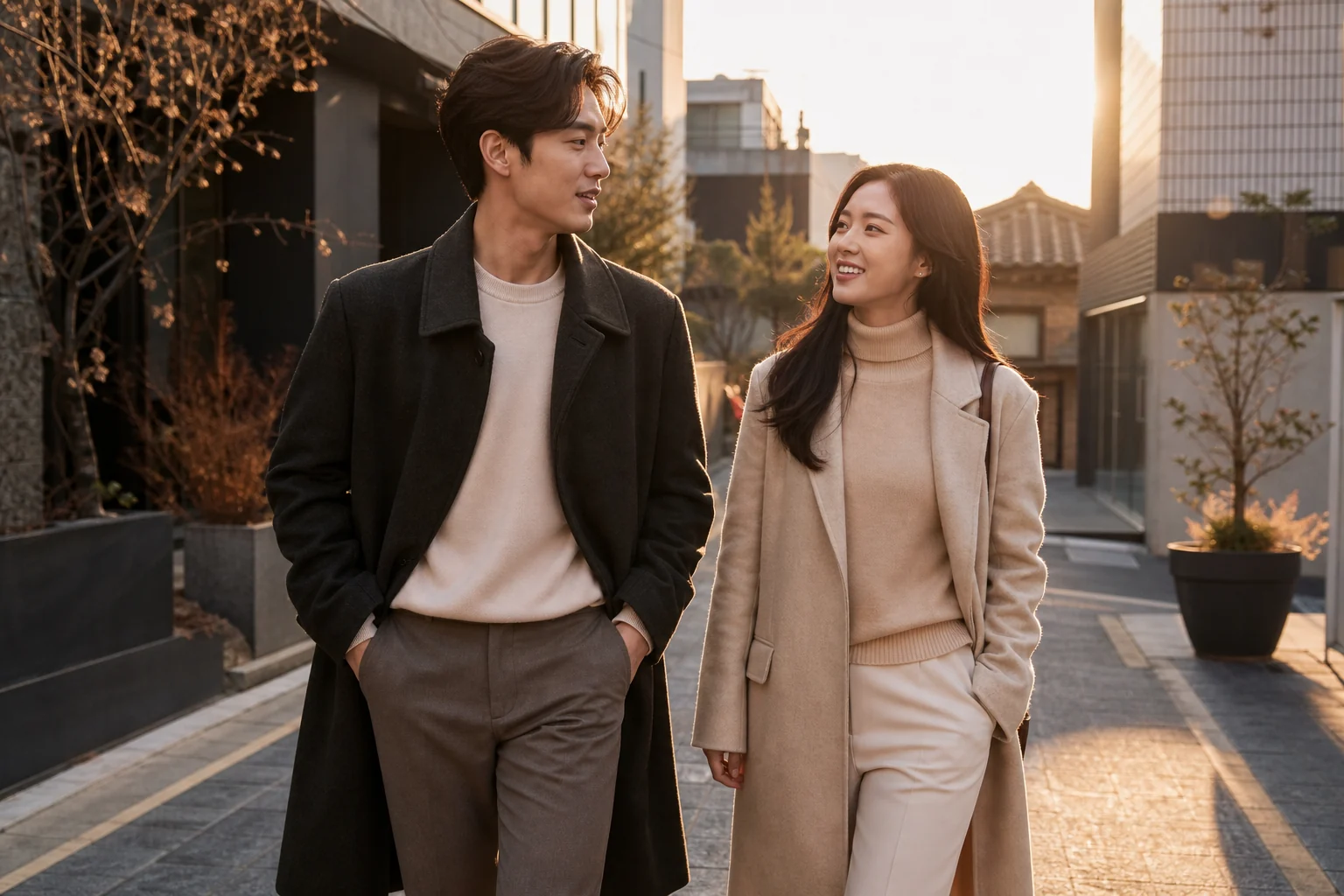 휴대전화를 주머니에 넣고 새로운 동네를 함께 산책하며 대화하는 30대 한국인 커플