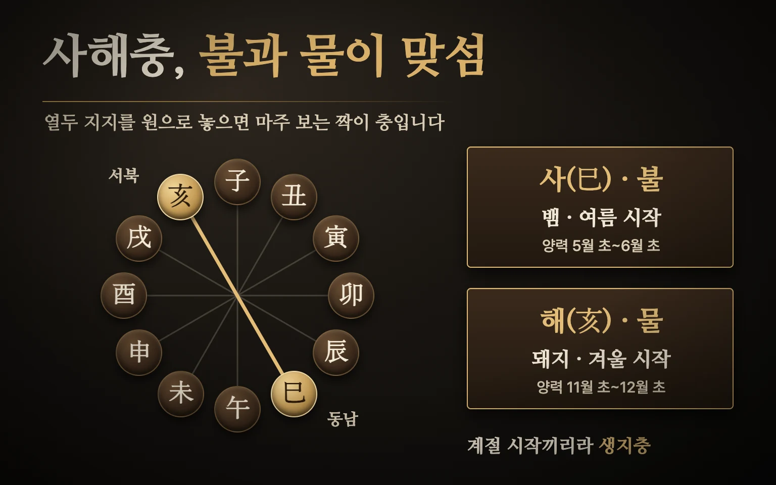 사해충 관계 도식 — 열두 지지를 원으로 놓으면 동남의 사(초여름 불)와 서북의 해(초겨울 물)가 정반대에서 마주 보고, 인·신·사·해 네 생지 가운데 한 쌍이라 생지충으로 부름