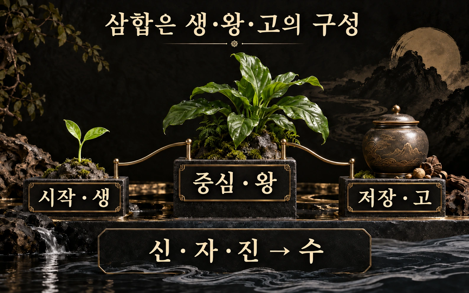 시작 생, 중심 왕, 저장 고를 나눈 삼합 구성과 신자진 수의 예