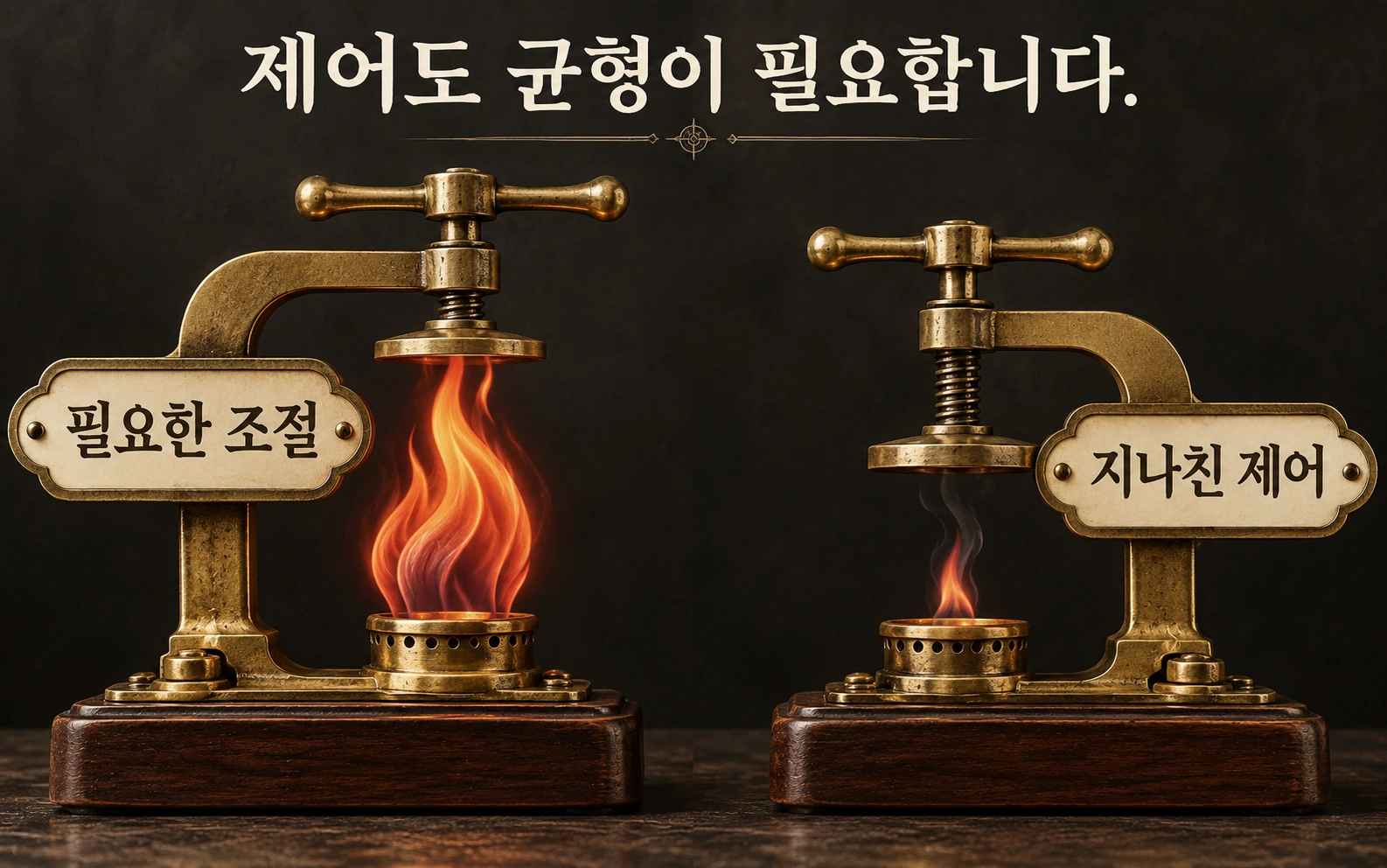 필요한 조절과 지나친 제어를 다른 크기의 황동 조절기로 비교한 그림