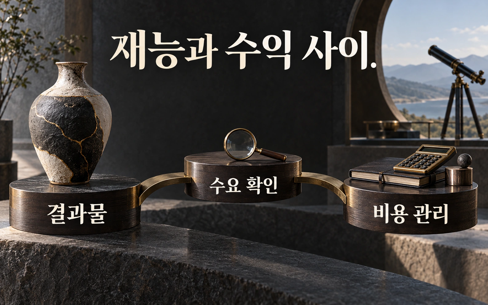 결과물과 수요 확인, 비용 관리로 재능과 수익 사이를 연결하는 그림