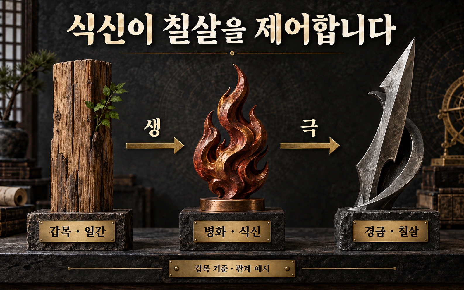 갑목이 병화를 생하고 병화가 경금을 극하는 식신제살 관계