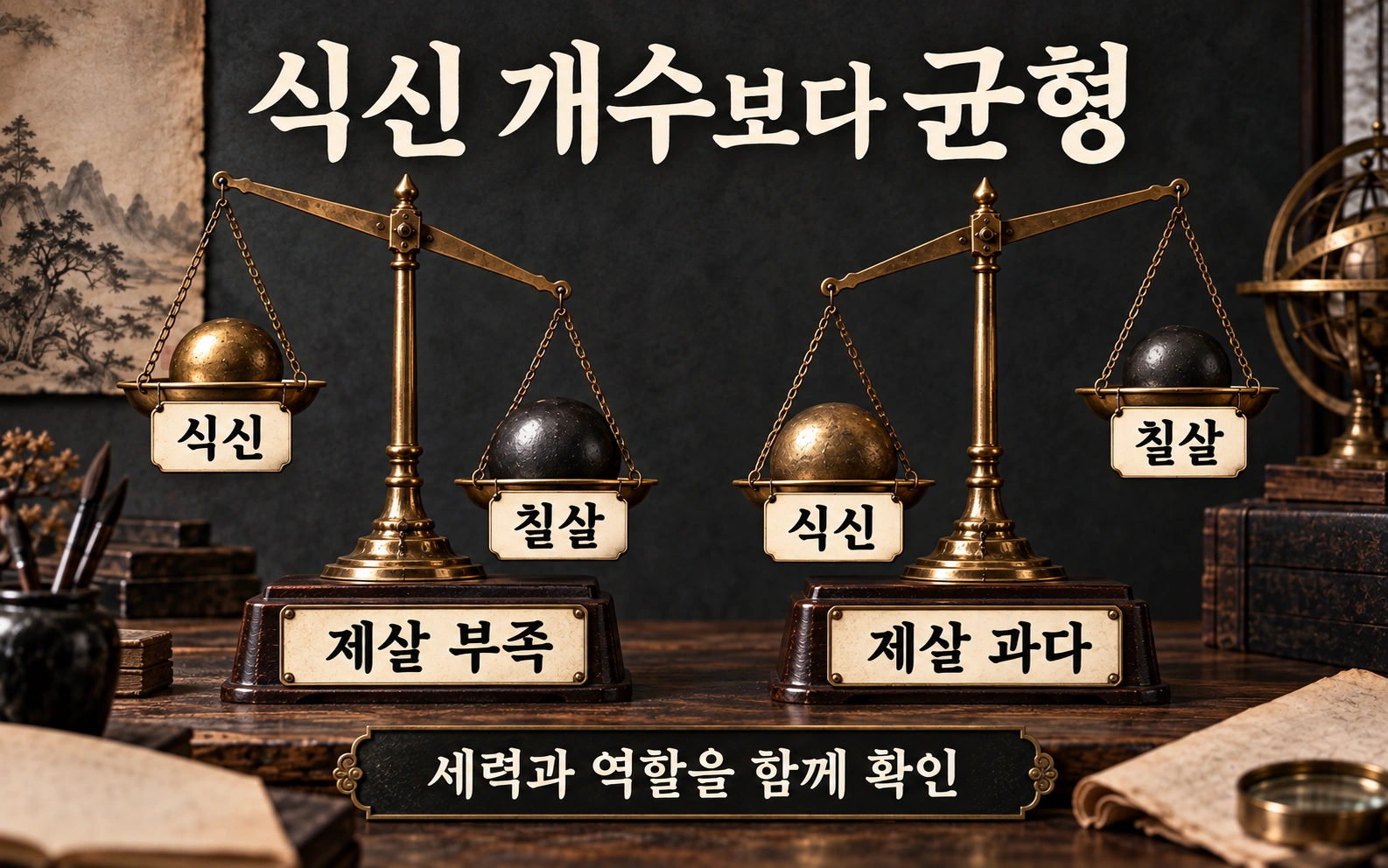 식신의 제어가 부족한 경우와 지나친 경우를 비교하는 두 저울