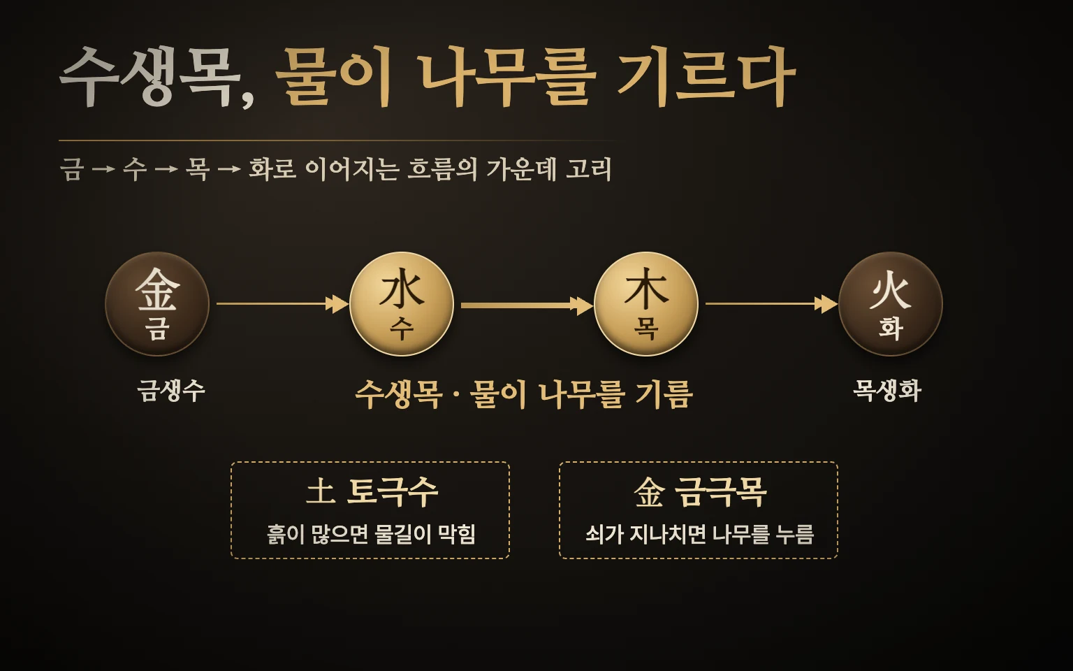 수생목 관계 도식 — 금에서 수, 수에서 목, 목에서 화로 이어지는 상생 흐름 가운데 수에서 목으로 가는 화살표가 강조되고, 물을 막는 토와 나무를 누르는 금이 옆에 표시됨