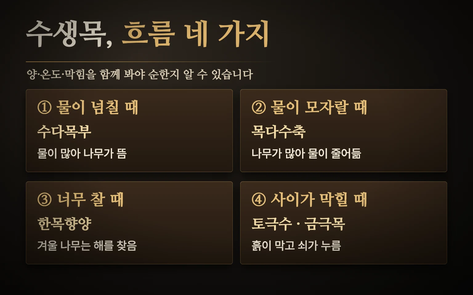 수생목 흐름 네 가지 도식 — 물이 넘쳐 나무가 뜨는 경우, 물이 모자라 마르는 경우, 겨울이라 해를 찾는 경우, 흙이 물길을 막는 경우를 나란히 비교함