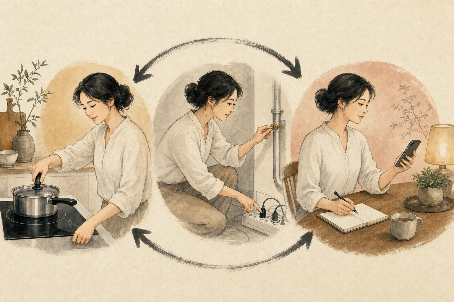 조리기구 전기 가스와 감정 상태를 차례로 점검하는 탕화살 안전 루틴 그림