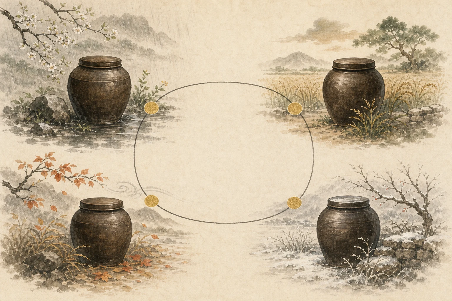 월살 조견표의 진 술 축 미를 네 개의 저장고와 그릇으로 표현한 그림